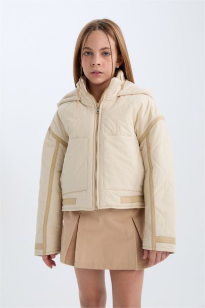 Su Geçirmez Kapüşonlu Fermuarlı Cepli Mont Kız Çocuk