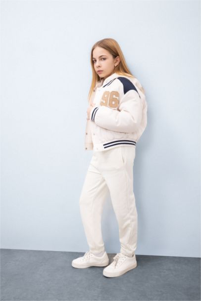 Su Geçirmez Şişme Bomber Mont Kapüşonlu Kolej Yaka Nakışlı Cepli Kız Çocuk