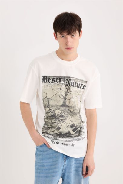 تيشيرت قطن اوفر سايز نص كم برقبة مستديرة