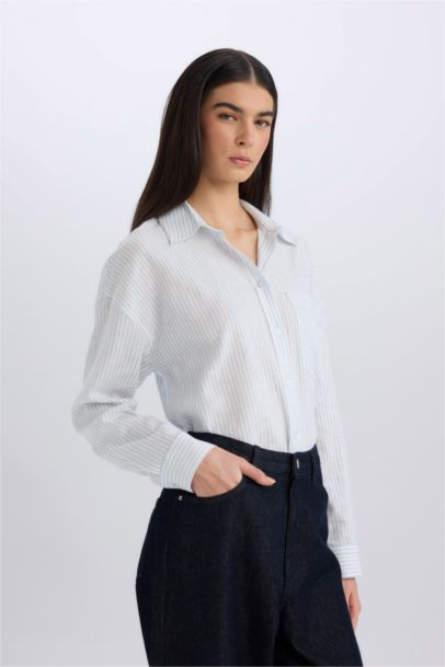 Oversize Fit Shirt Collar Linen Blend Long Sleeve Shirt