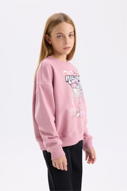 Oversize Geniş Kalıp Bisiklet Yaka Baskılı Sweatshirt Kız Çocuk