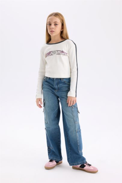 تي شيرت بناتي كم طويل مضلع سليم فيت برقبة مستديرة