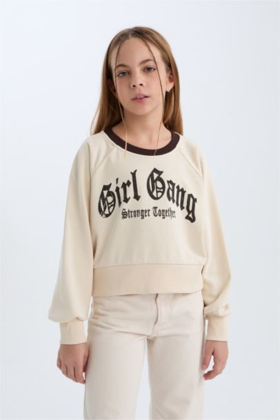 Relax Fit Bisiklet Yaka Baskılı İçi Yumuşak Tüylü Sweatshirt Kız Çocuk