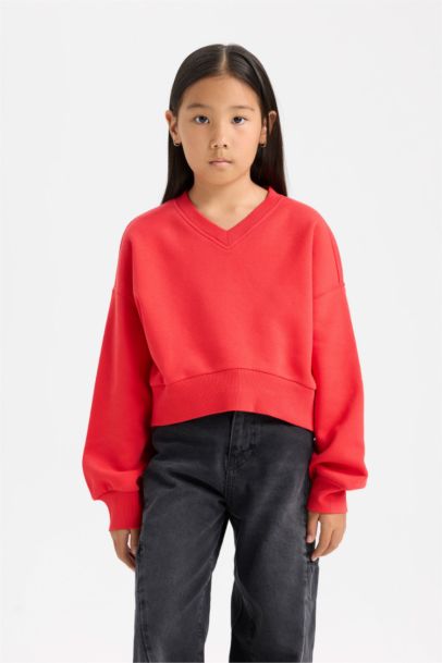 Cropped Fit V Yaka Basic Düz Sweatshirt Kız Çocuk