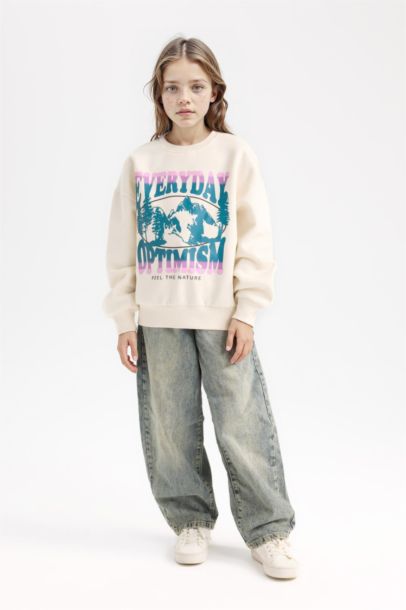 Girl Relax Fit Crew Neck Slogan Printed Sweatshirt