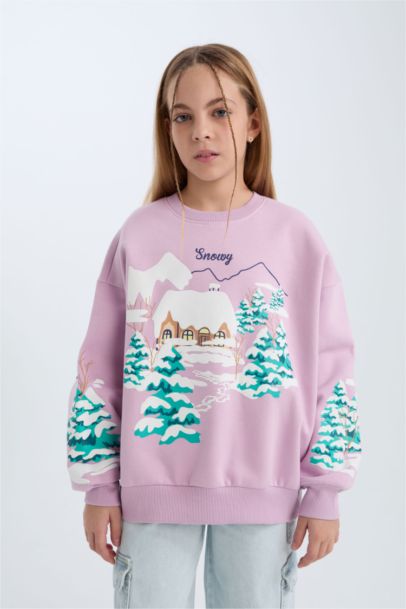 سويت شيرت بنات اوفر سايز مطبوع برقبة مستديرة