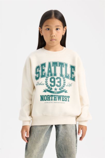 Relax Fit Bisiklet Yaka Baskılı Sweatshirt Kız Çocuk