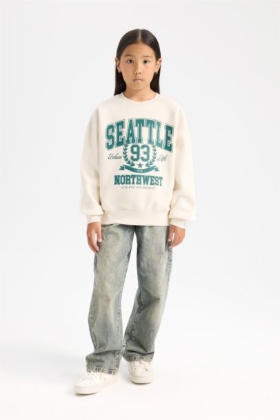 Relax Fit Bisiklet Yaka Baskılı Sweatshirt Kız Çocuk