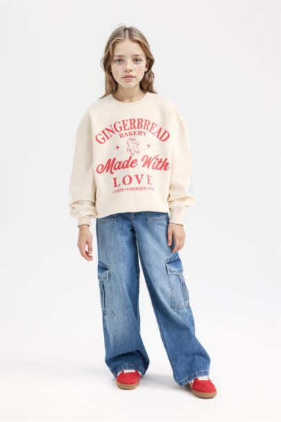 Relax Fit Bisiklet Yaka Baskılı Sweatshirt Kız Çocuk