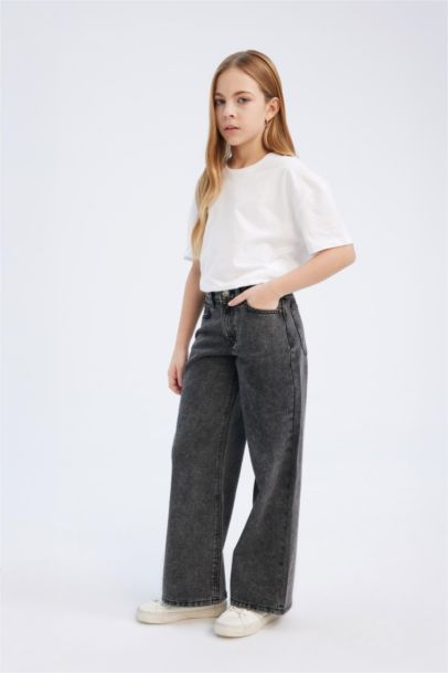 Wide Leg Geniş Bol Paça Pamuklu Jean Pantolon Kız Çocuk