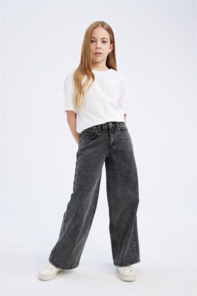 Wide Leg Geniş Bol Paça Pamuklu Jean Pantolon Kız Çocuk