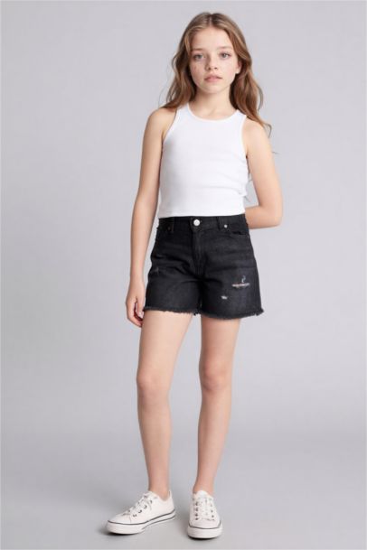 Girl Ripped Detailed Cotton Denim Shorts