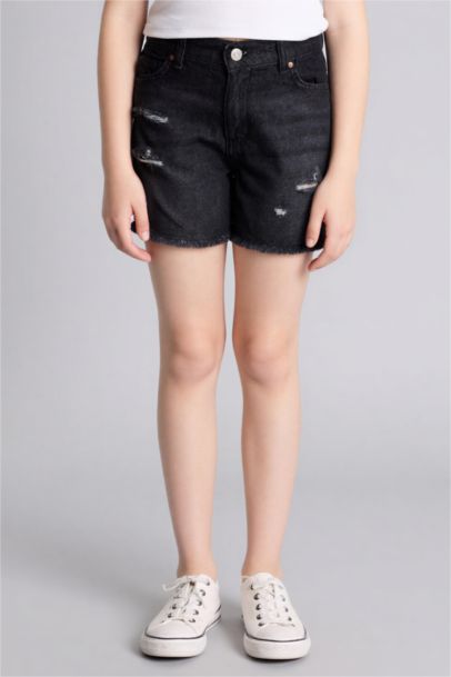 Girl Ripped Detailed Cotton Denim Shorts