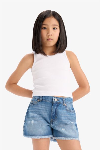 Yırtık Detaylı Pamuklu Jean Şort Kız Çocuk