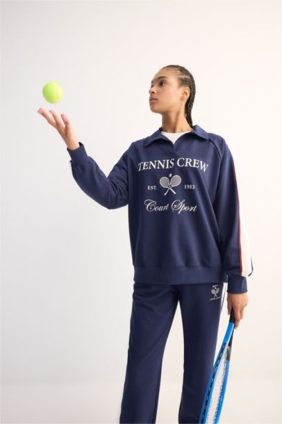 DeFactoFit Oversize Fit Polo Neck Printed Sports Sweatshirt