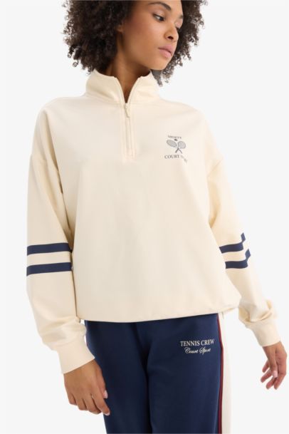 DeFactoFit Oversize Fit Half Zippered Printed Sports Sweatshirt