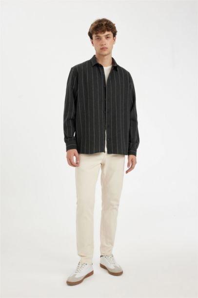 Relax Fit Polo Neck Striped Cotton Blend Long Sleeve Shirt