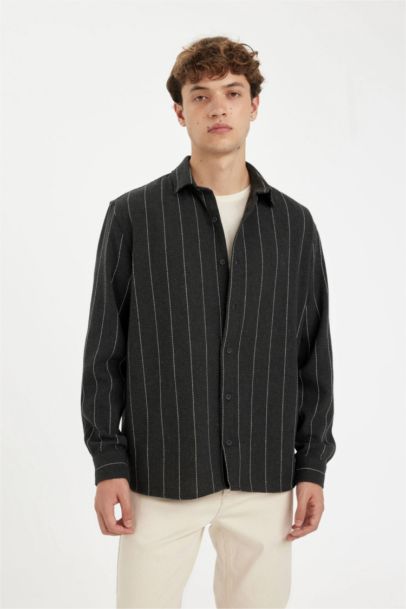 Relax Fit Polo Neck Striped Cotton Blend Long Sleeve Shirt