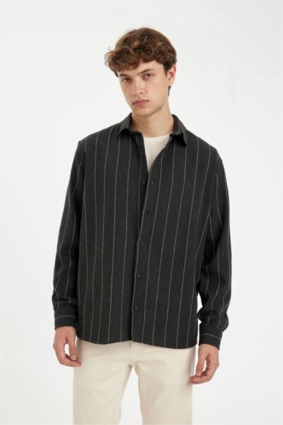 Relax Fit Polo Neck Striped Cotton Blend Long Sleeve Shirt