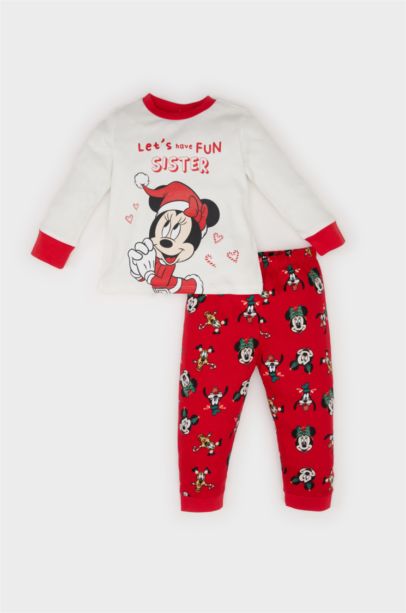 Disney Mickey & Minnie Yılbaşı Temalı Pijama Takımı Uzun Kollu Üst Beli Lastikli Alt Kız Bebek