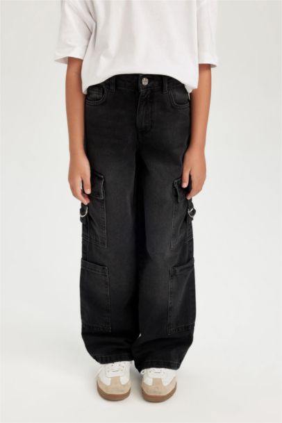 Wide Leg Kargo Cepli Geniş Bol Paça Antrasit Jean Pantolon Kız Çocuk
