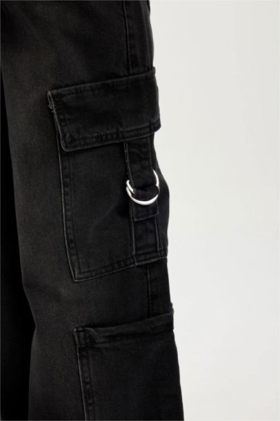 Wide Leg Kargo Cepli Geniş Bol Paça Antrasit Jean Pantolon Kız Çocuk