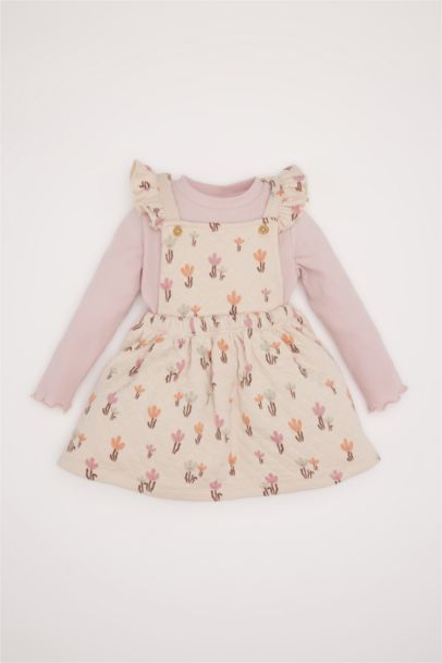 طقم من قطعتين فستان زهري مبطن برقبة مستديرة و بودي سامبل