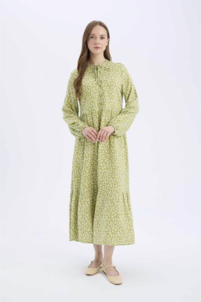 فستان كم طويل مطبوع فيسكوز بياقة مستديرة