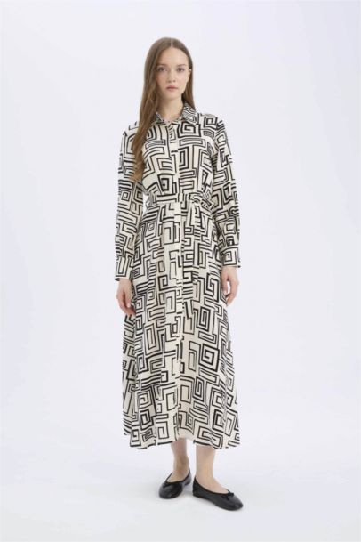 فستان فيسكوز ردن طويل مطبوع وياخة قميص