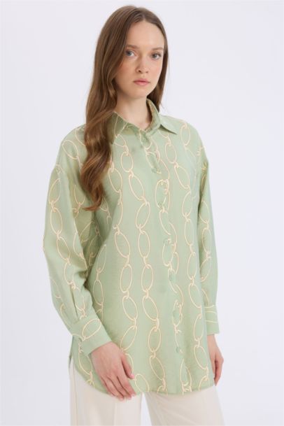 Relax Fit Shirt Collar Printed Long Sleeve Tunic
