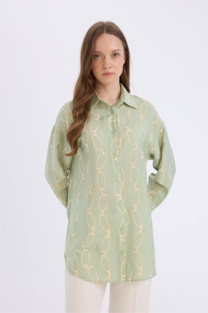 Relax Fit Shirt Collar Printed Long Sleeve Tunic