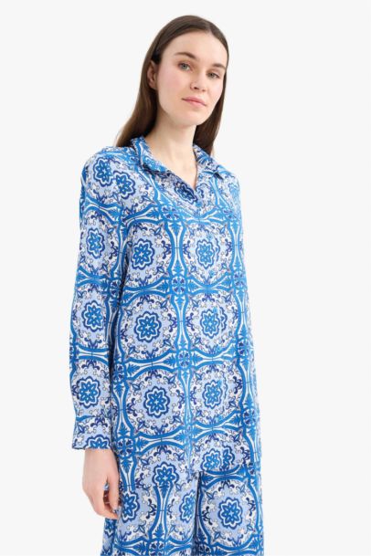 Relax Fit Viscose Shirt Collar Printed Long Sleeve Tunic