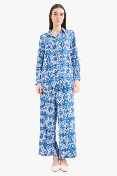 Relax Fit Viscose Shirt Collar Printed Long Sleeve Tunic