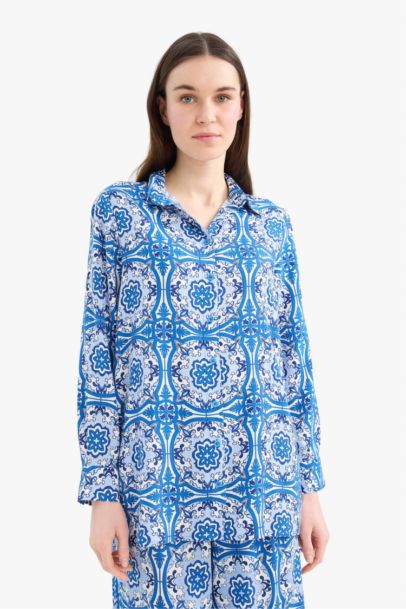 Relax Fit Viscose Shirt Collar Printed Long Sleeve Tunic
