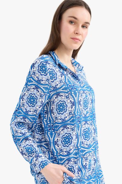 Relax Fit Viscose Shirt Collar Printed Long Sleeve Tunic