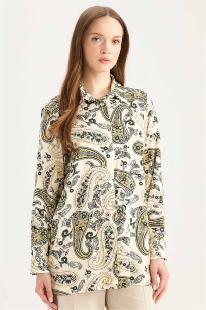 Relax Fit Gömlek Yaka Desenli Viskon Uzun Kollu Tunik 