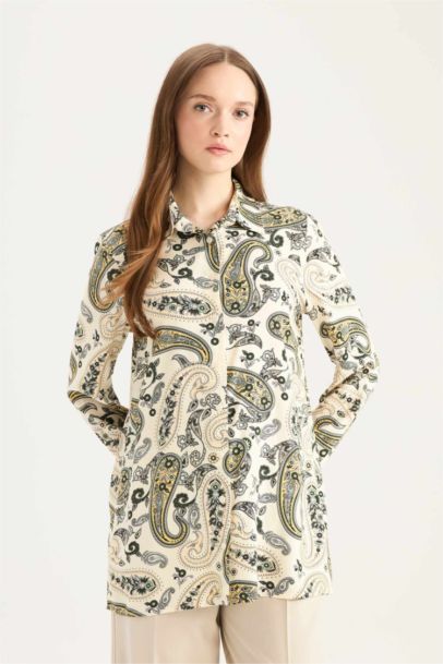 Relax Fit Gömlek Yaka Desenli Viskon Uzun Kollu Tunik 