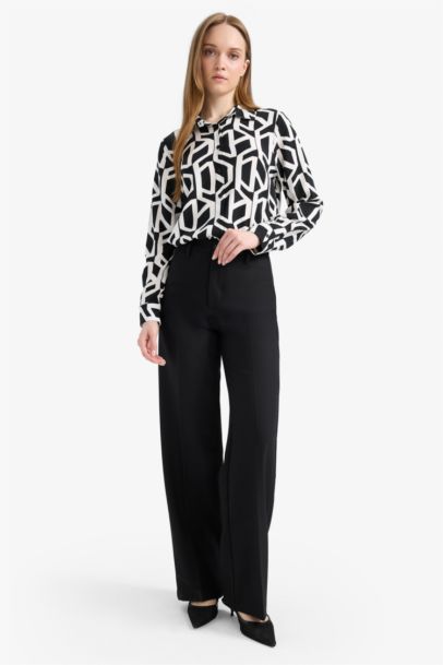 Relax Fit Viscose Shirt Collar Printed Long Sleeve Tunic