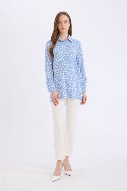 Relax Fit Viscose Shirt Collar Printed Long Sleeve Tunic