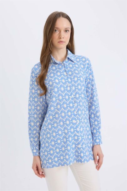 Relax Fit Viscose Shirt Collar Printed Long Sleeve Tunic