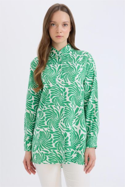 Relax Fit Viscose Shirt Collar Printed Long Sleeve Tunic