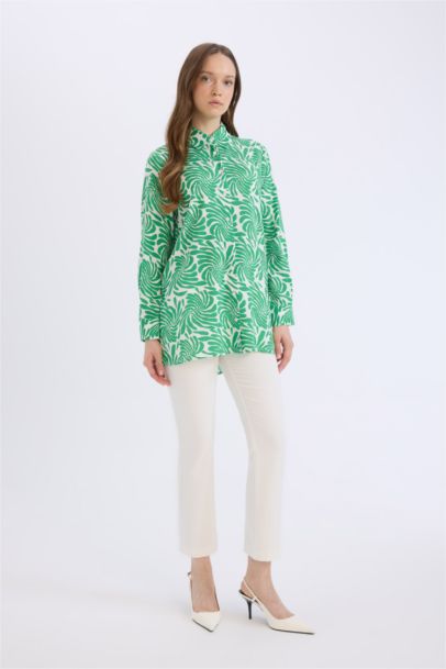 Relax Fit Viscose Shirt Collar Printed Long Sleeve Tunic