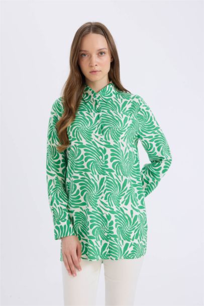 Relax Fit Viscose Shirt Collar Printed Long Sleeve Tunic