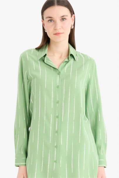 Relax Fit Viscose Shirt Collar Printed Long Sleeve Tunic