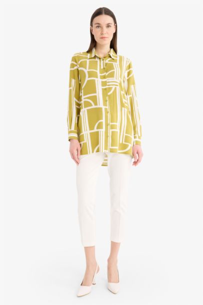 Relax Fit Viscose Shirt Collar Printed Long Sleeve Tunic