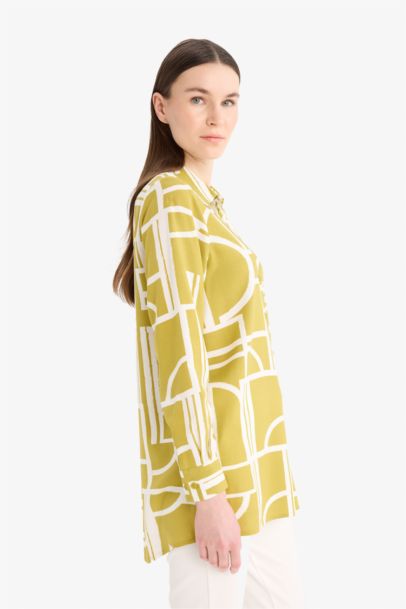 Relax Fit Viscose Shirt Collar Printed Long Sleeve Tunic
