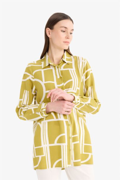 Relax Fit Viscose Shirt Collar Printed Long Sleeve Tunic