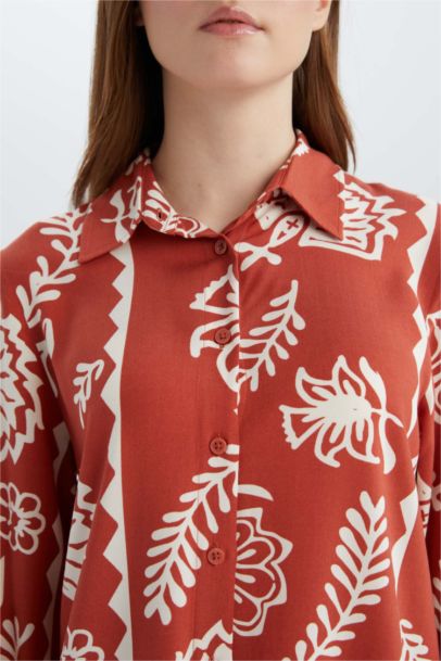 Relax Fit Viscose Shirt Collar Printed Long Sleeve Tunic