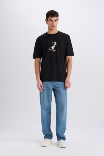 تيشيرت قطن اوفر سايز أسود نص كم برقبة مستديرة