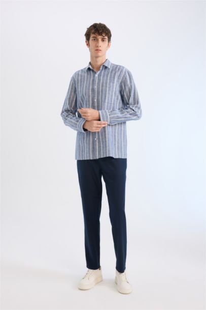 Regular Fit Polo Collar Striped Linen Long Sleeve Shirt